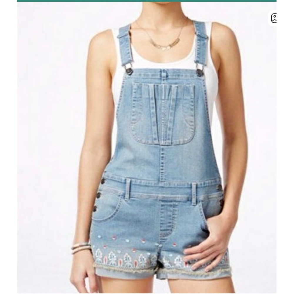 American Rag Denim Overall Shorts Light Wash Embroidered Boho Blue Womens Size 5 - Picture 8 of 8
